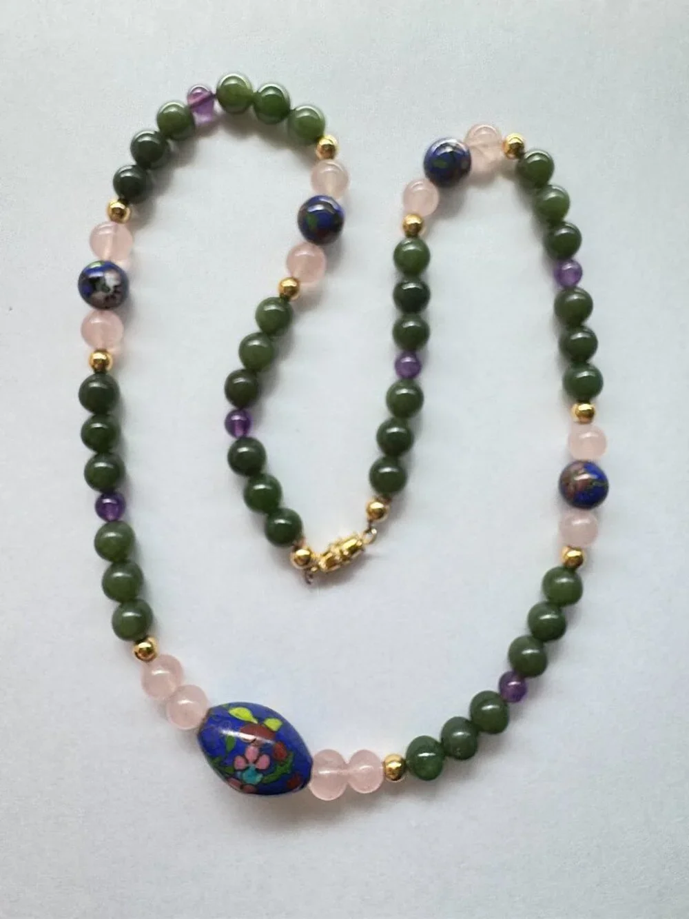 Necklace Jade Beads with Enamel Cloisonne, Rose Quartz, Amethyst and Gold 22